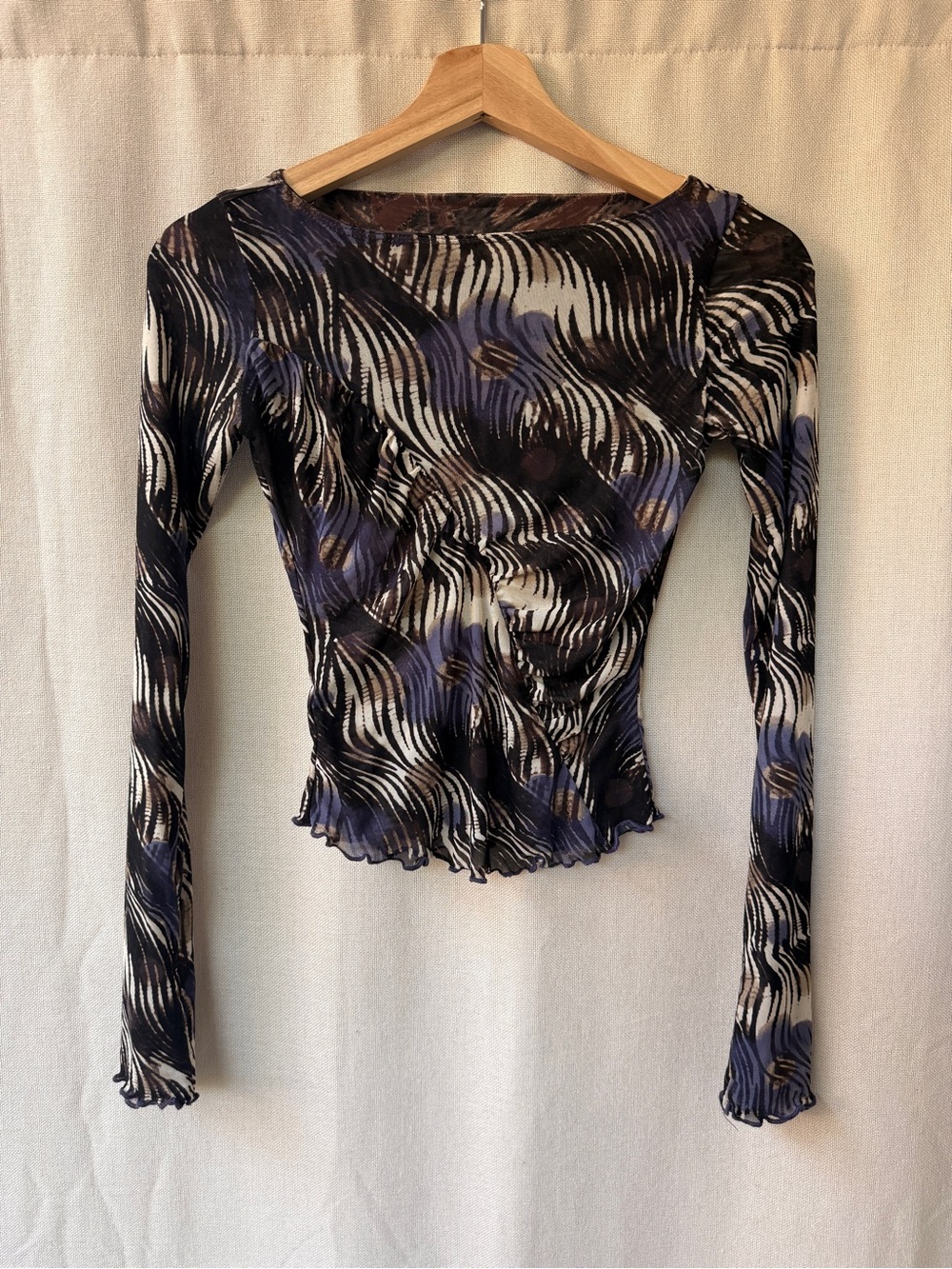 Reversible Sheer Wave-Print Cheetah Long Sleeve Top in Black & Purple Blue Brown